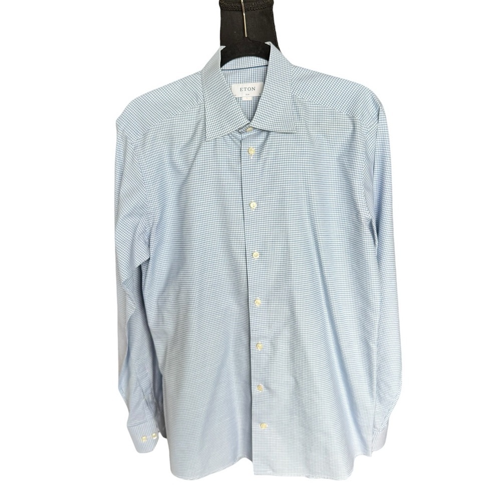 Eton Slim Fit Blue Gingham Dress Shirt 16 / 41 Large Luxury Cotton Linen